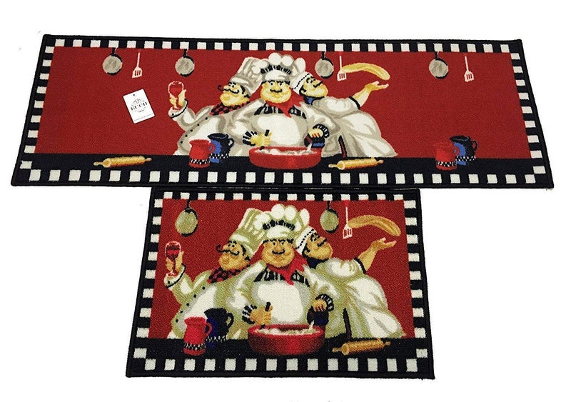 EUCH Non-Slip Rubber Backing Carpet Kitchen Mat Doormat Runner Bathroom Rug 2 Piece Sets,15"x47"+15"x23" (Three Chef)